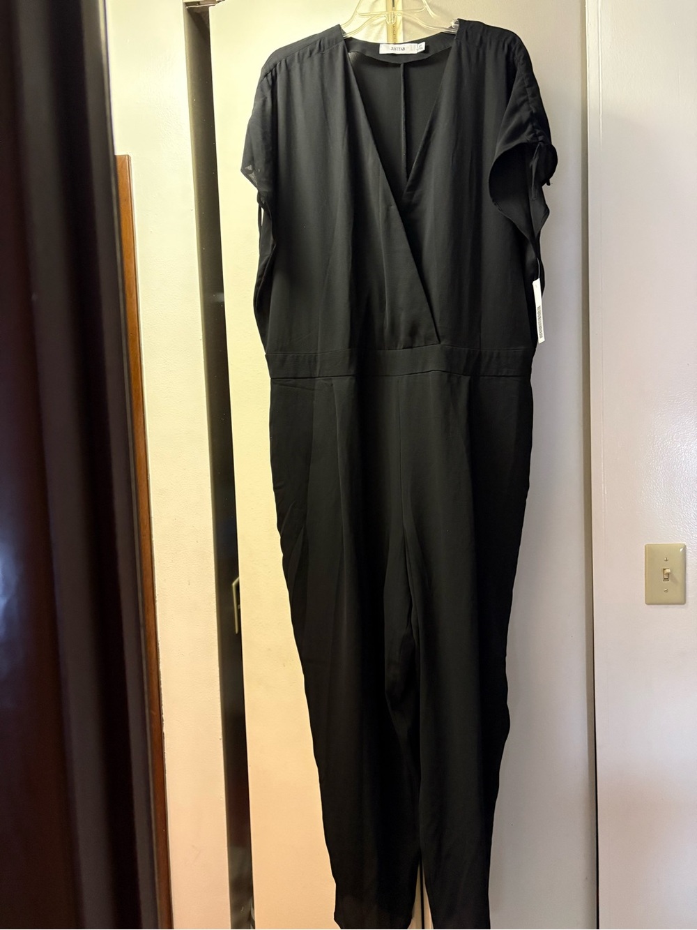 JustFab Black V-Neck Short Sleeve Jumpsuit with Tapered Legs
